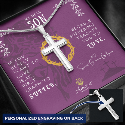My Dear Son Personalized Cross Necklace with Saint Gemma Galgani Quote