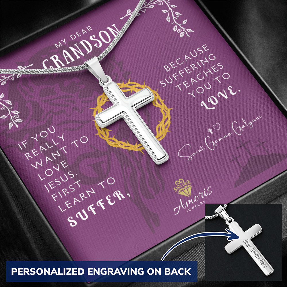 My Dear Grandson Personalized Cross Necklace with Saint Gemma Galgani Quote