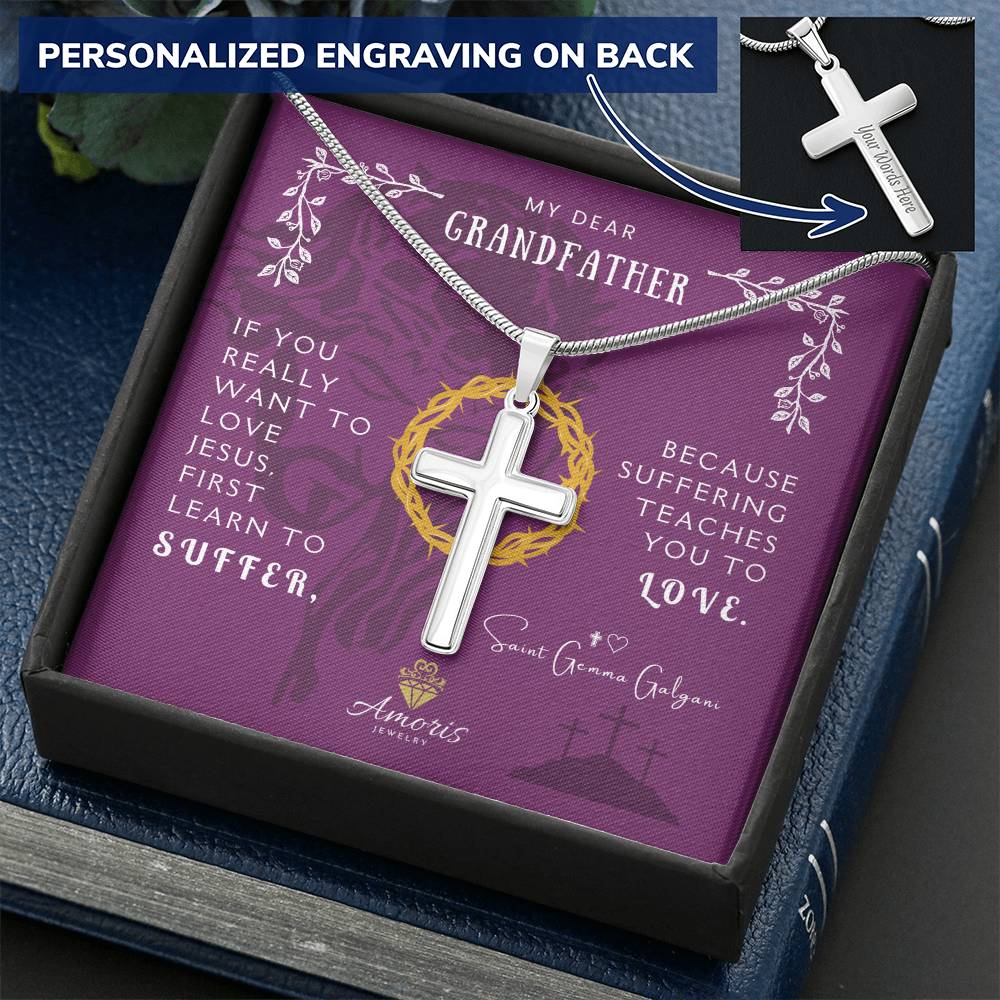 My Dear Grandfather Personalized Cross Necklace with Saint Gemma Galgani Quote