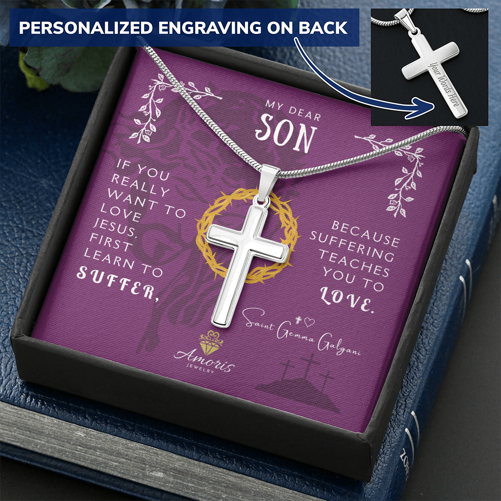My Dear Son Personalized Cross Necklace with Saint Gemma Galgani Quote