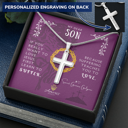 My Dear Son Personalized Cross Necklace with Saint Gemma Galgani Quote