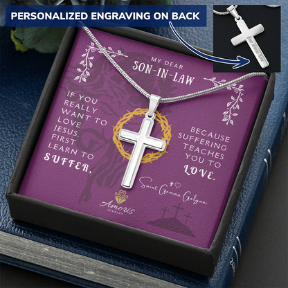 My Dear Son-in-Law Personalized Cross Necklace with Saint Gemma Galgani Quote
