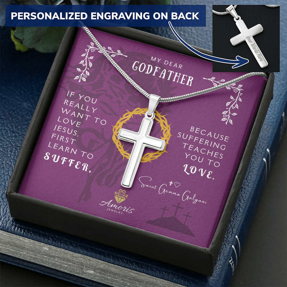 My Dear Godfather Personalized Cross Necklace with Saint Gemma Galgani Quote