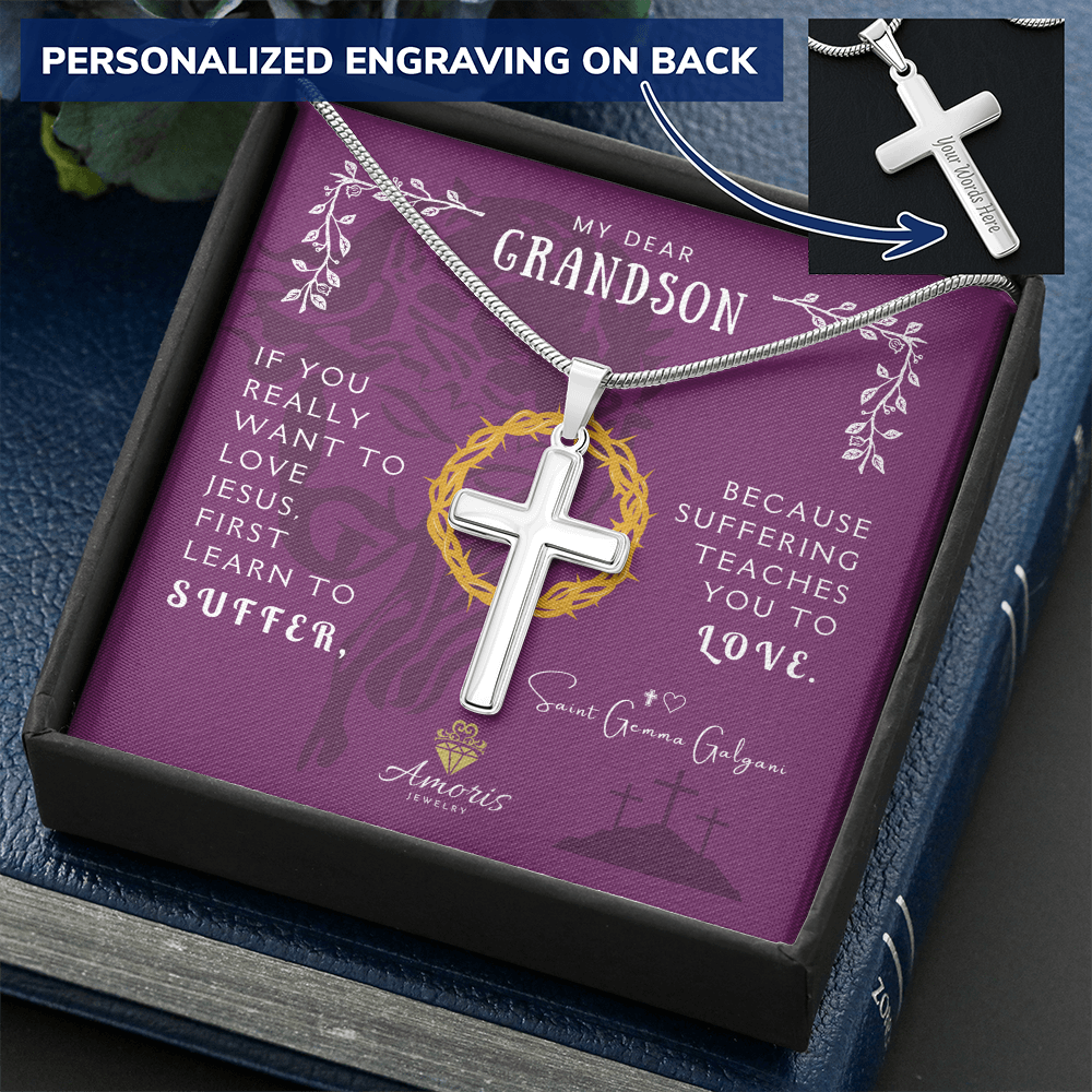 My Dear Grandson Personalized Cross Necklace with Saint Gemma Galgani Quote