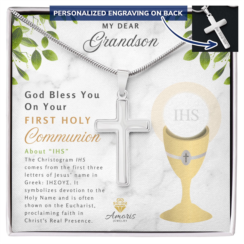 Grandson First Holy Communion Personalized Cross Necklace