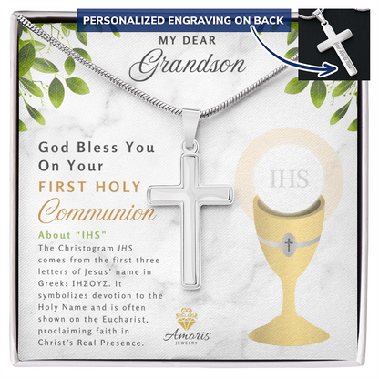 Grandson First Holy Communion Personalized Cross Necklace