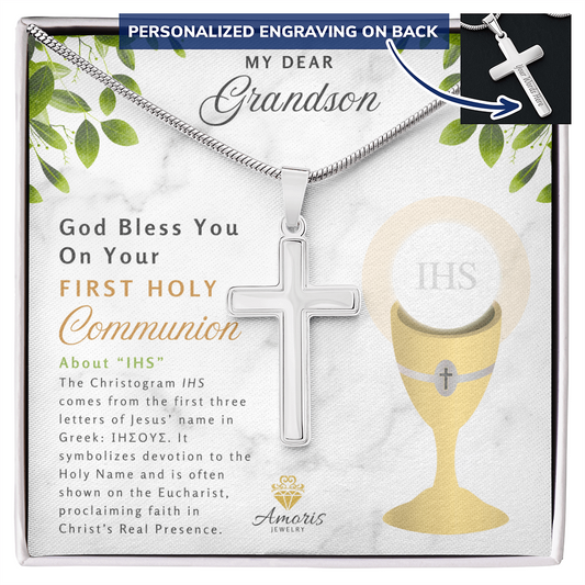 Grandson First Holy Communion Personalized Cross Necklace