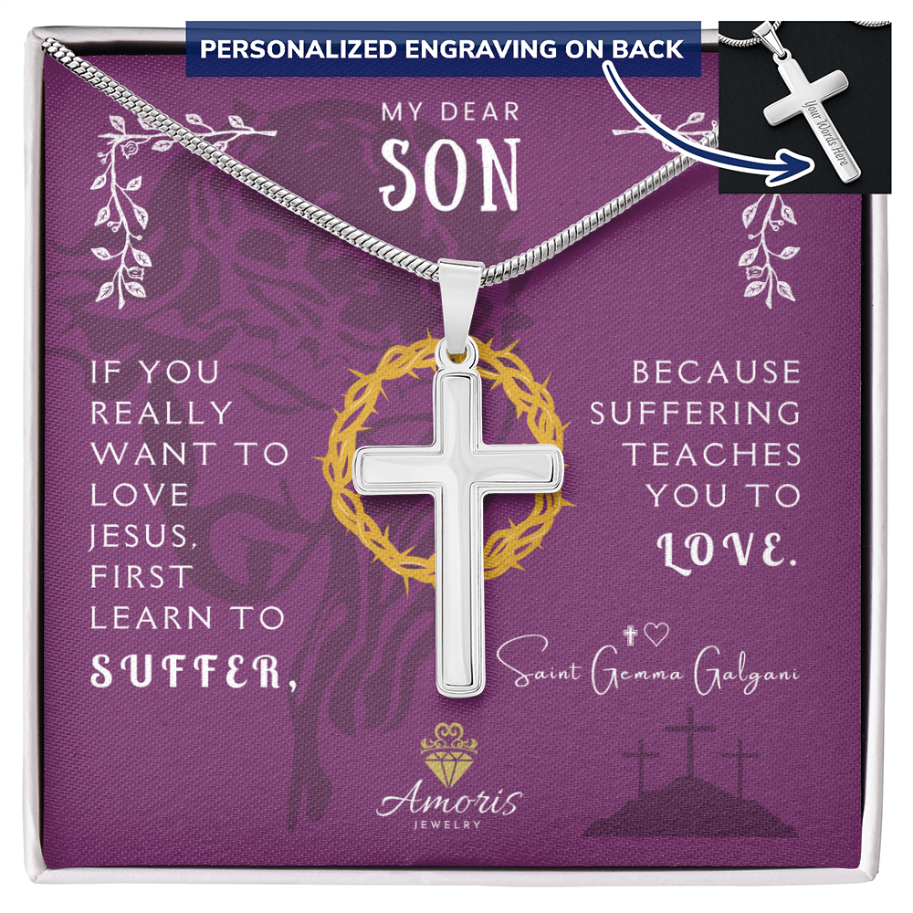 My Dear Son Personalized Cross Necklace with Saint Gemma Galgani Quote