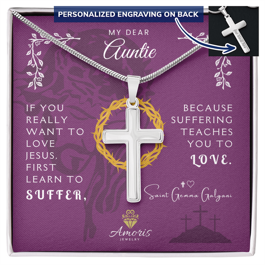 My Dear Auntie Personalized Cross Necklace with Saint Gemma Galgani Quote