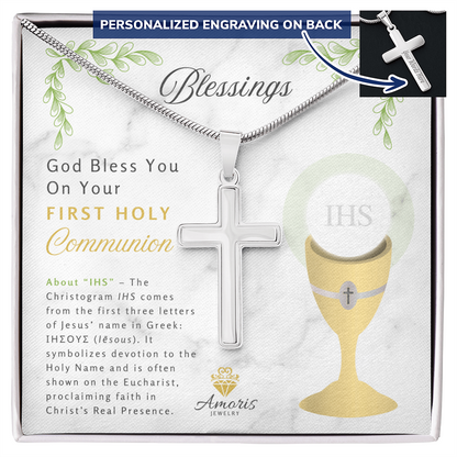 Blessings First Holy Communion Personalized Cross Necklace