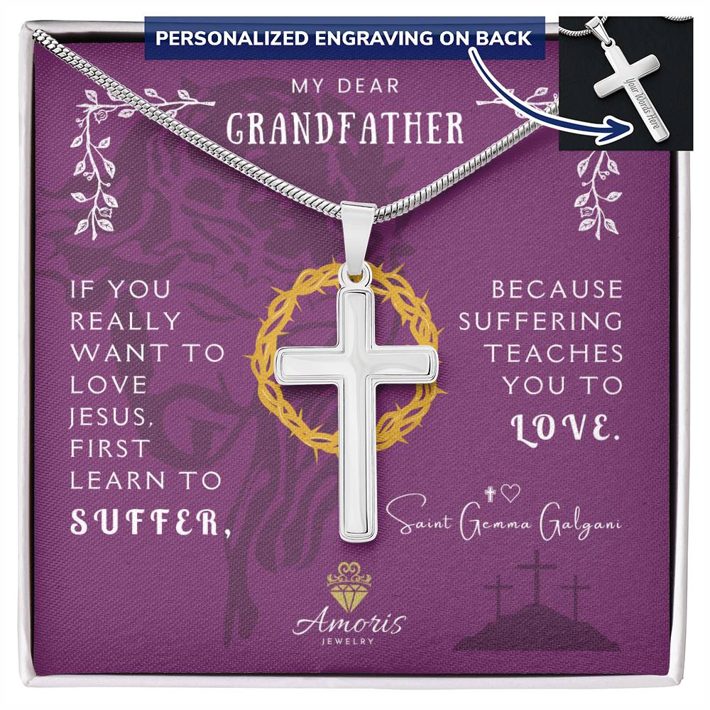 My Dear Grandfather Personalized Cross Necklace with Saint Gemma Galgani Quote