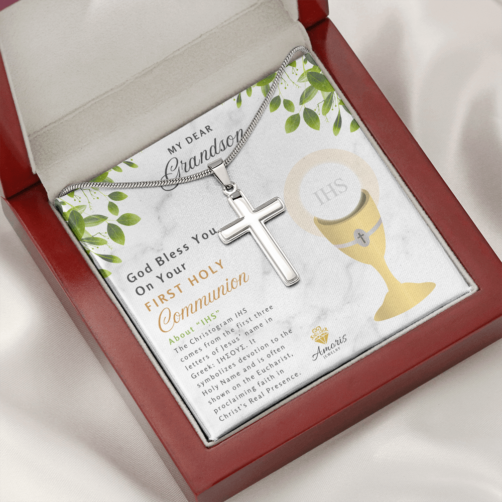 Grandson First Holy Communion Personalized Cross Necklace