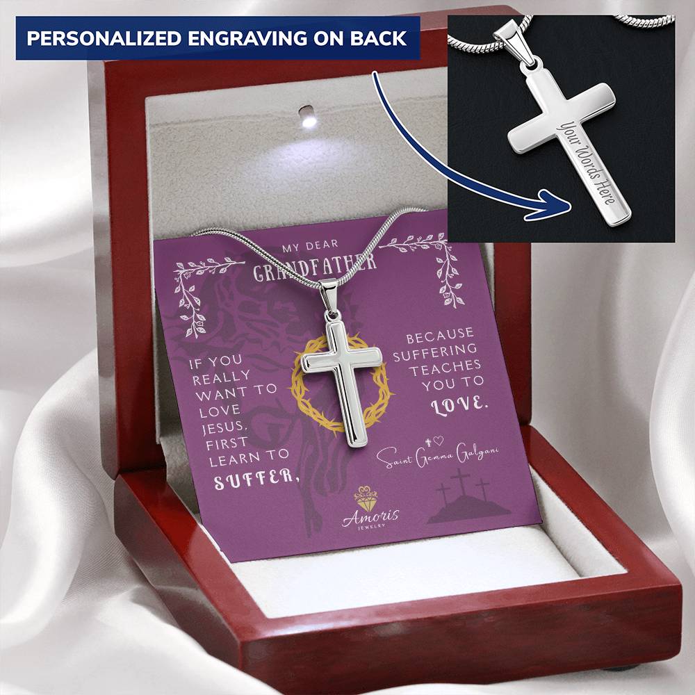 My Dear Grandfather Personalized Cross Necklace with Saint Gemma Galgani Quote