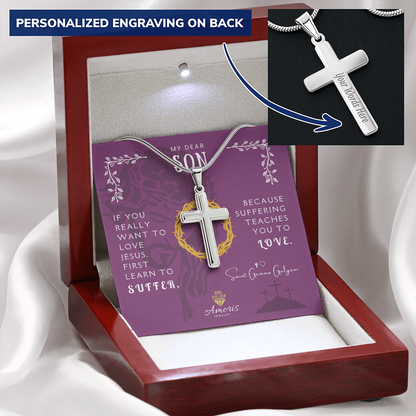 My Dear Son Personalized Cross Necklace with Saint Gemma Galgani Quote