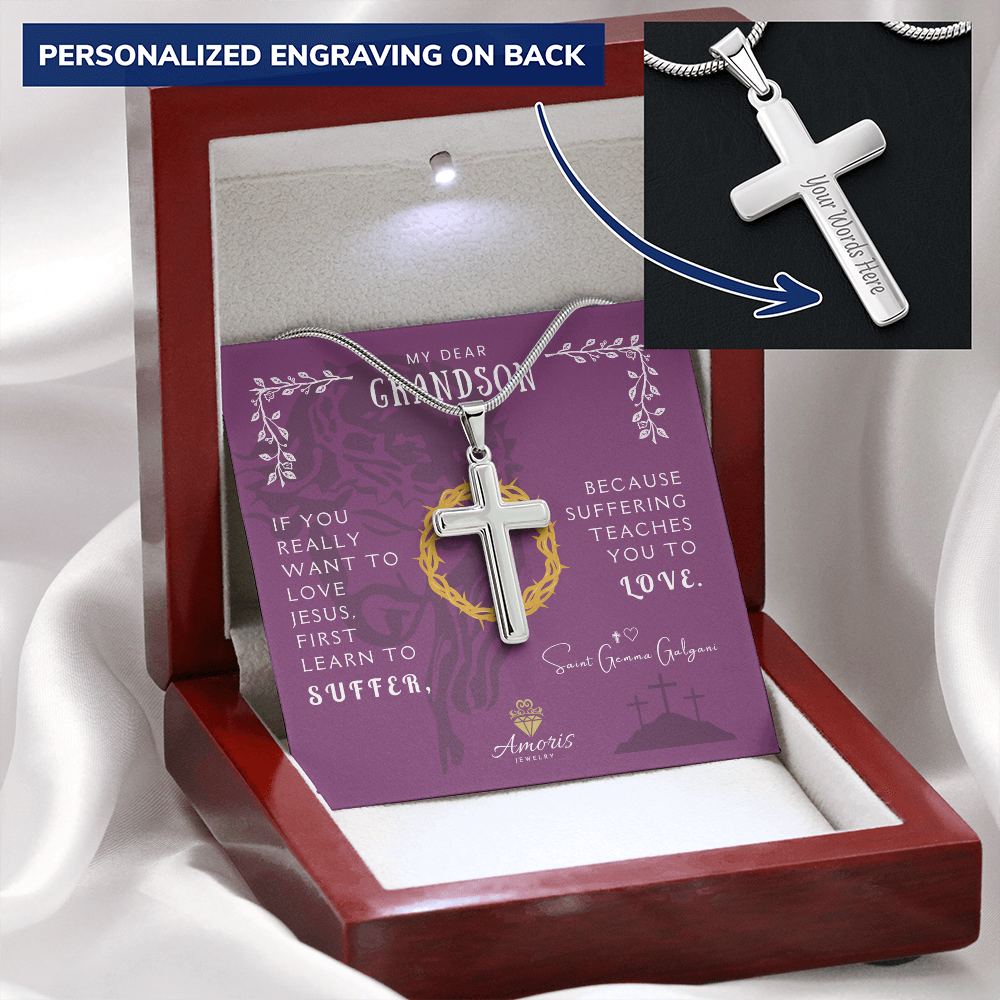 My Dear Grandson Personalized Cross Necklace with Saint Gemma Galgani Quote