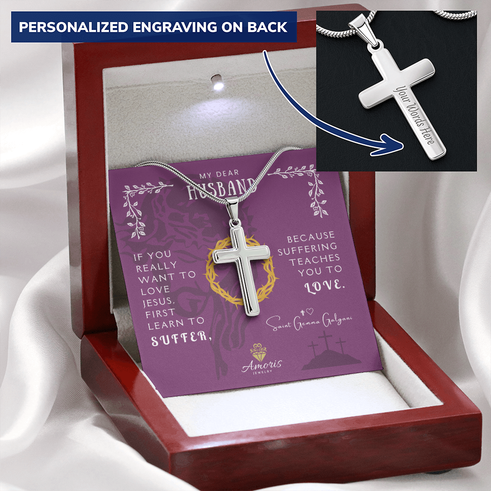 My Dear Husband Personalized Cross Necklace with Saint Gemma Galgani Quote