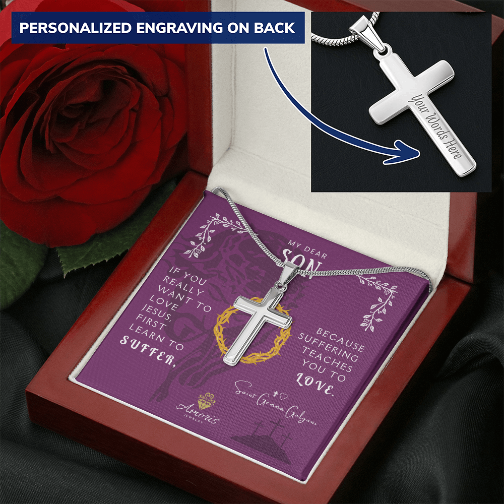 My Dear Son Personalized Cross Necklace with Saint Gemma Galgani Quote