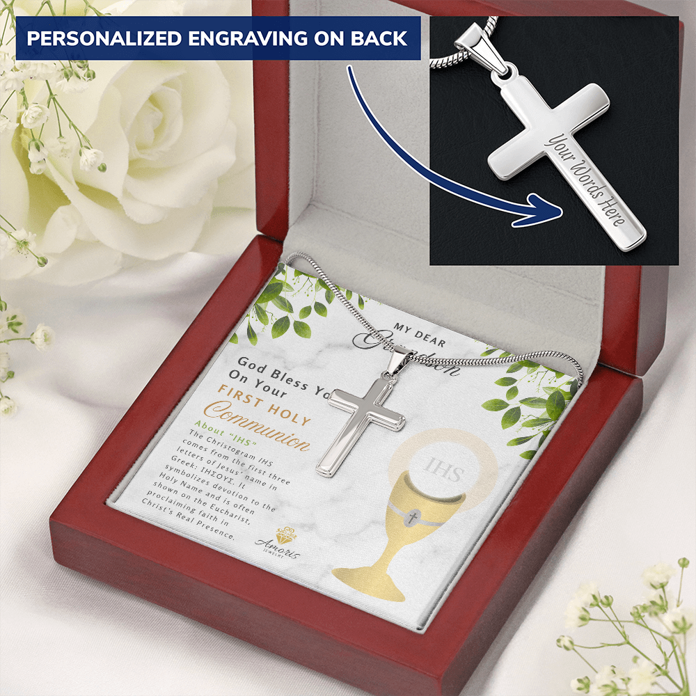 Grandson First Holy Communion Personalized Cross Necklace