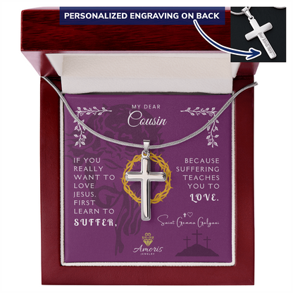 My Dear Cousin Personalized Cross Necklace with Saint Gemma Galgani Quote