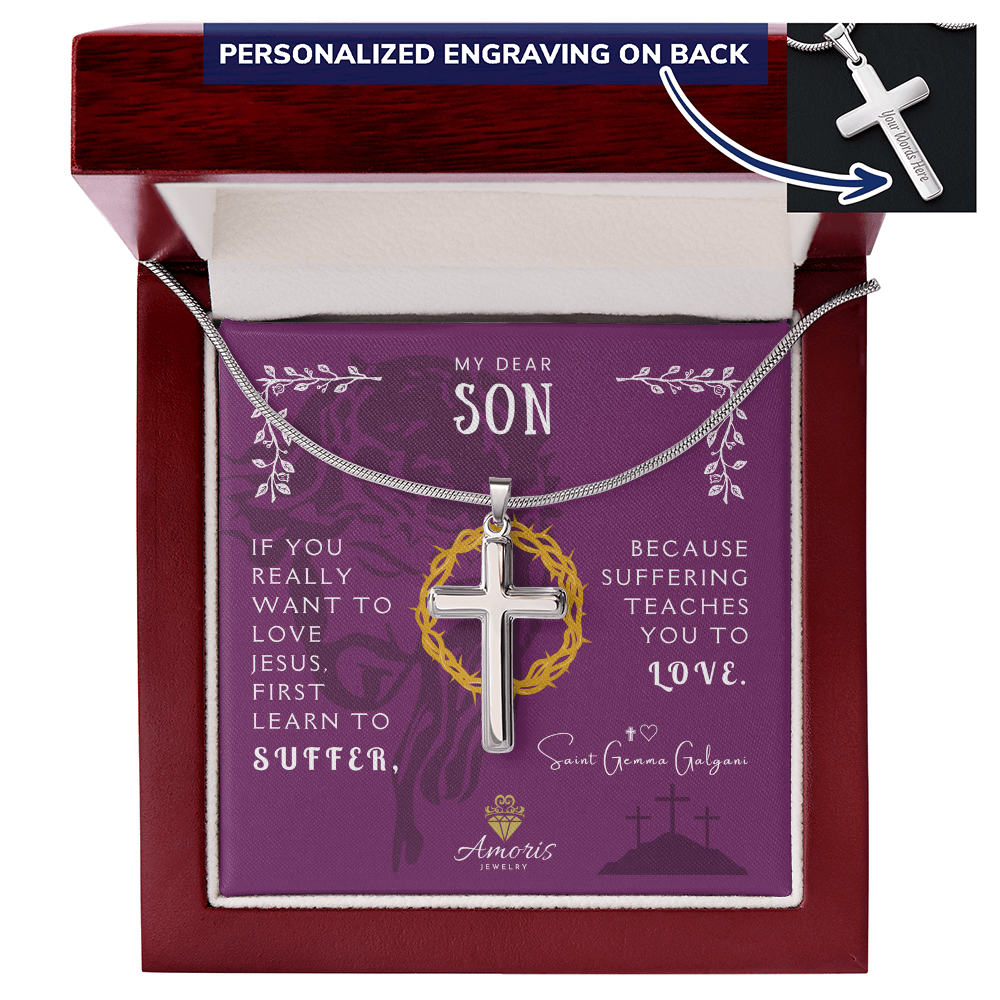 My Dear Son Personalized Cross Necklace with Saint Gemma Galgani Quote
