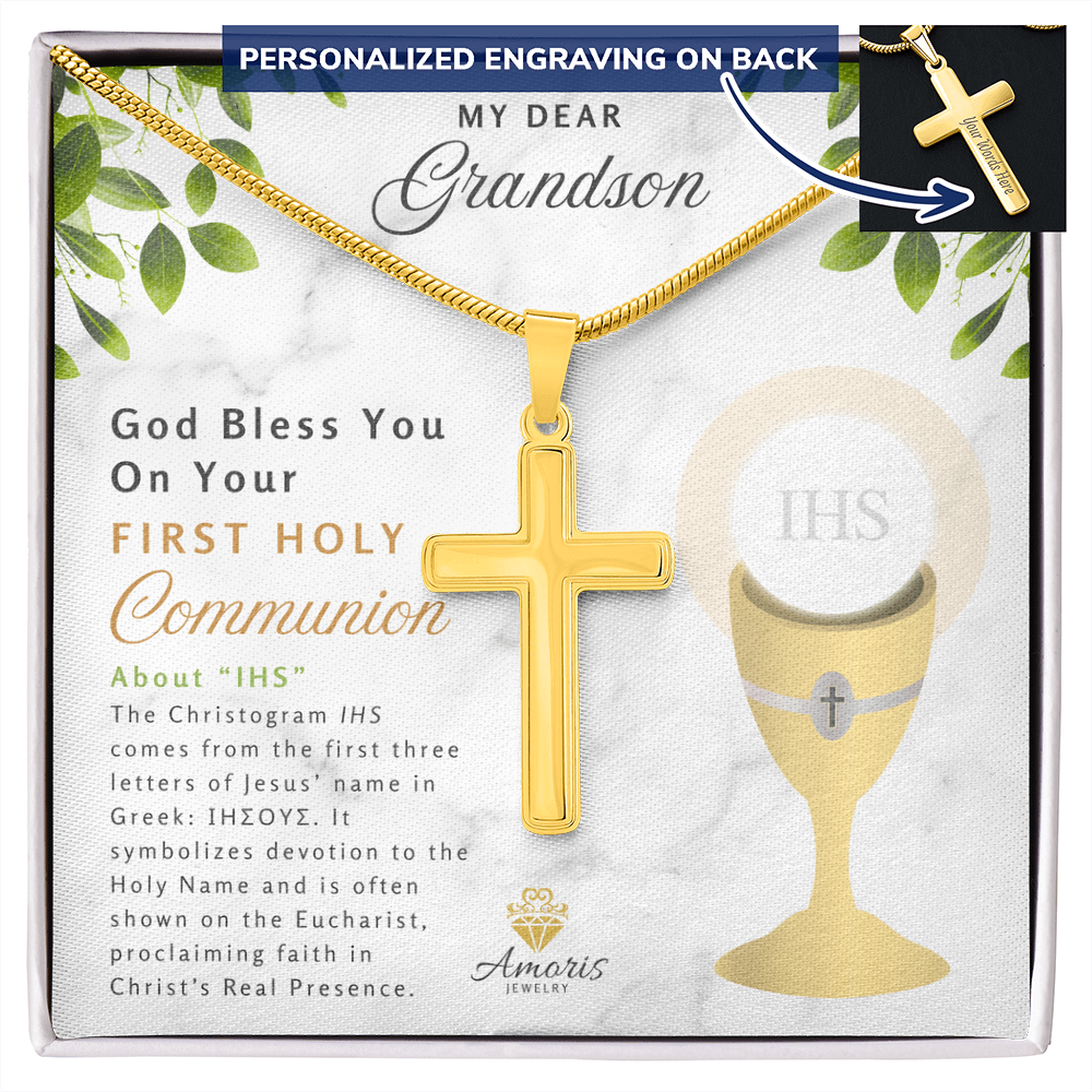 Grandson First Holy Communion Personalized Cross Necklace