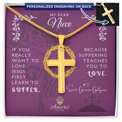 My Dear Niece Personalized Cross Necklace with Saint Gemma Galgani Quote
