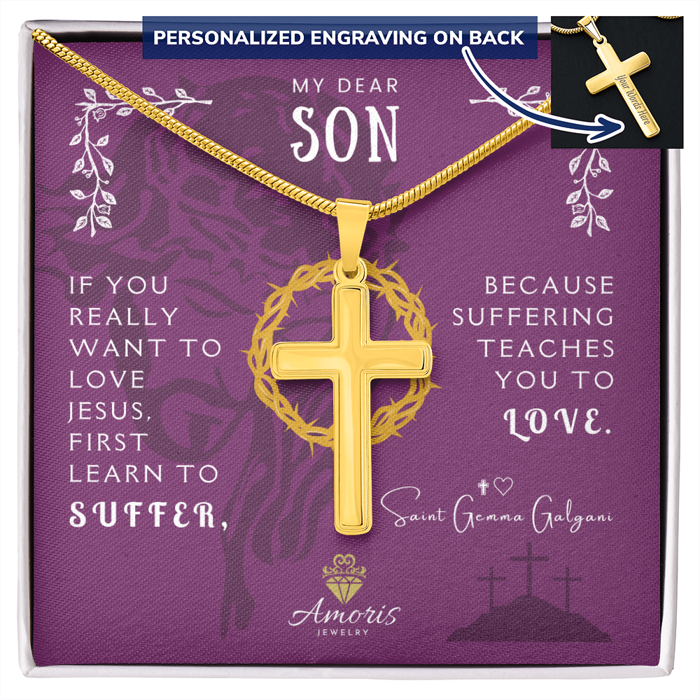 My Dear Son Personalized Cross Necklace with Saint Gemma Galgani Quote