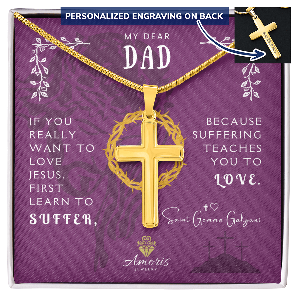 My Dear Dad Personalized Cross Necklace with Saint Gemma Galgani Quote