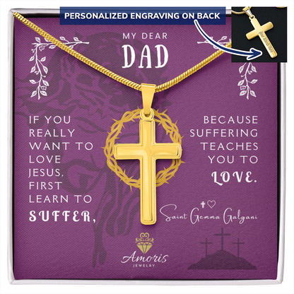 My Dear Dad Personalized Cross Necklace with Saint Gemma Galgani Quote