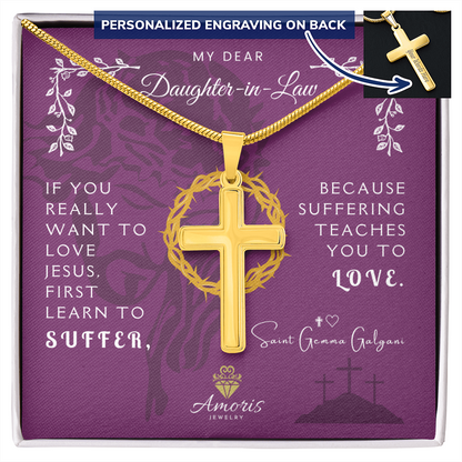 My Dear Daughter-in-Law Personalized Cross Necklace with Saint Gemma Galgani Quote