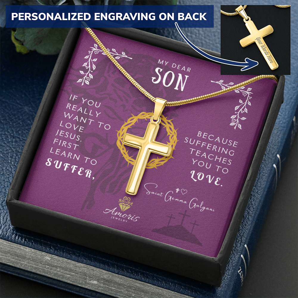 My Dear Son Personalized Cross Necklace with Saint Gemma Galgani Quote