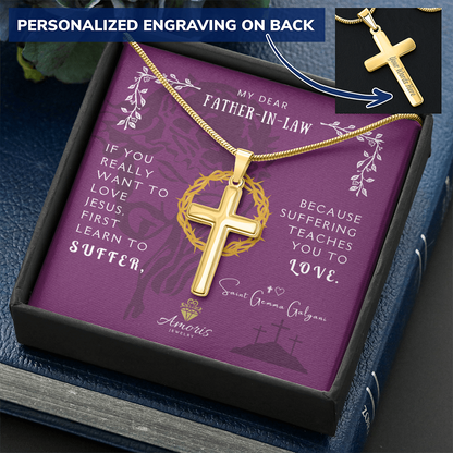 My Dear Father-in-Law Personalized Cross Necklace with Saint Gemma Galgani Quote