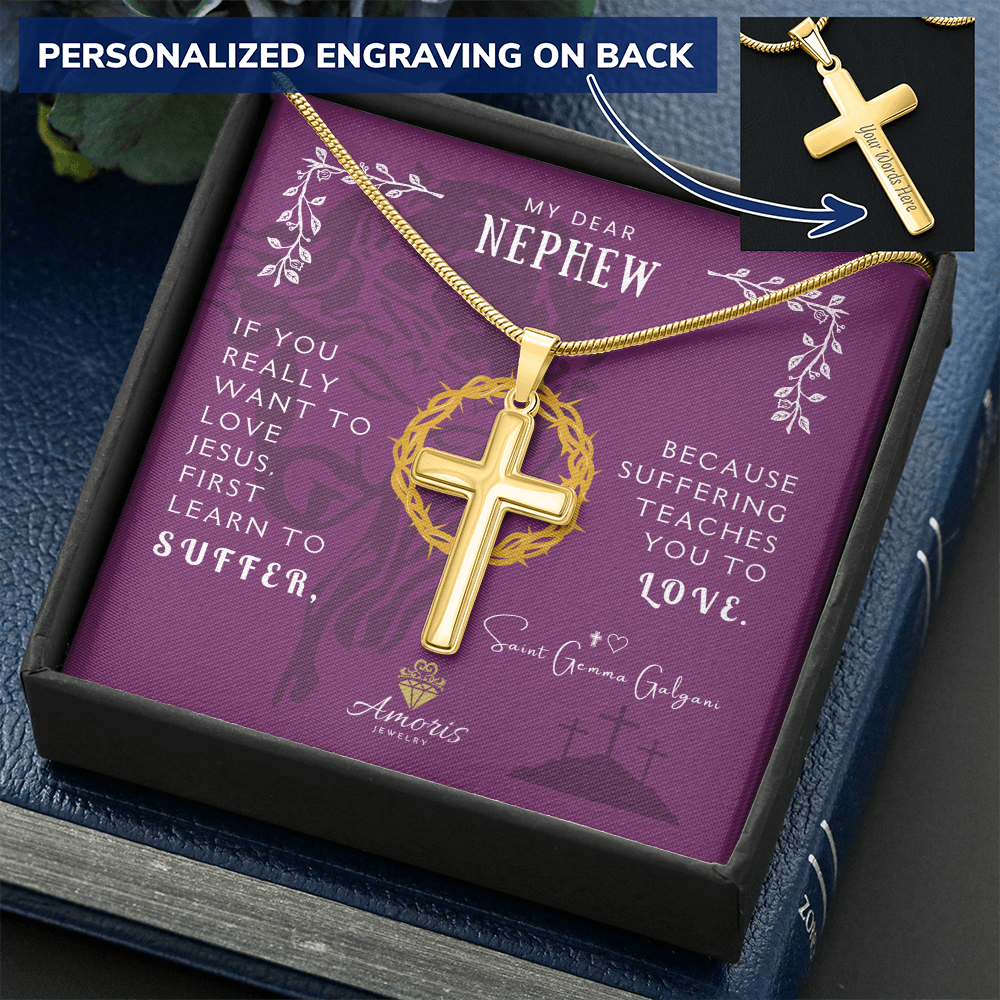 My Dear Nephew Personalized Cross Necklace with Saint Gemma Galgani Quote