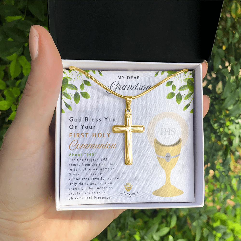 Grandson First Holy Communion Personalized Cross Necklace