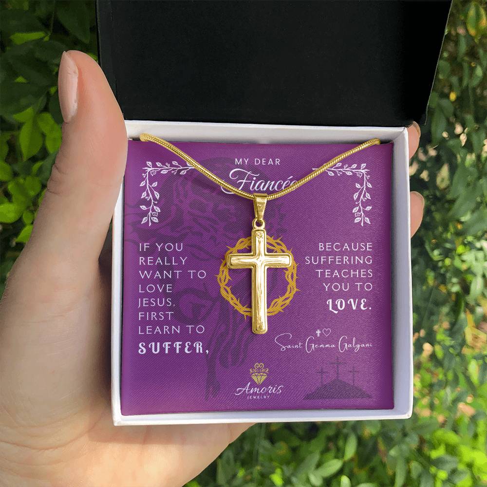 My Dear Fiancée Personalized Cross Necklace with Saint Gemma Galgani Quote