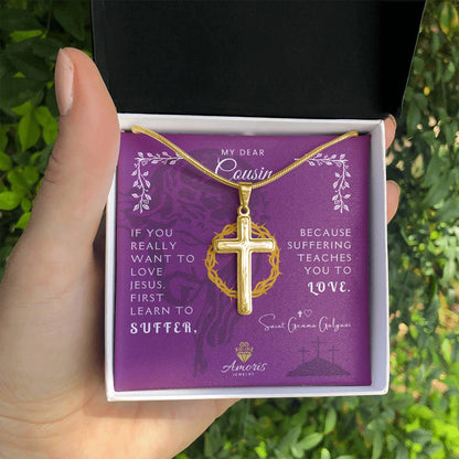 My Dear Cousin Personalized Cross Necklace with Saint Gemma Galgani Quote
