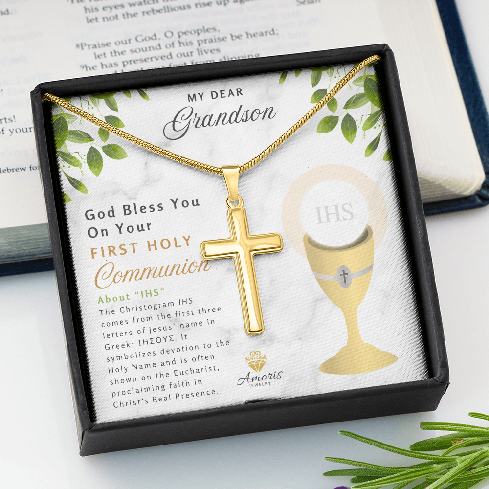 Grandson First Holy Communion Personalized Cross Necklace