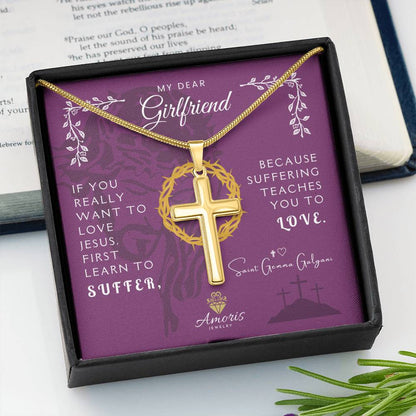My Dear Girlfriend Personalized Cross Necklace with Saint Gemma Galgani Quote