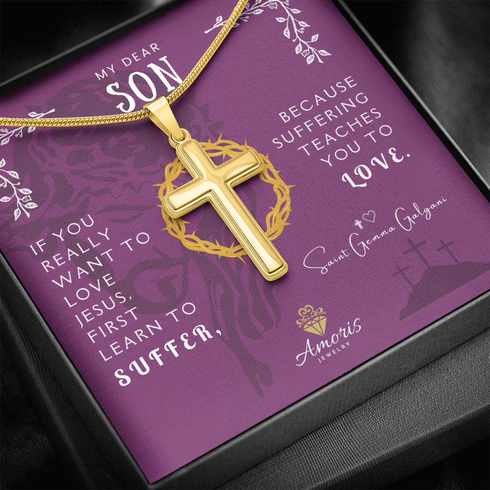 My Dear Son Personalized Cross Necklace with Saint Gemma Galgani Quote