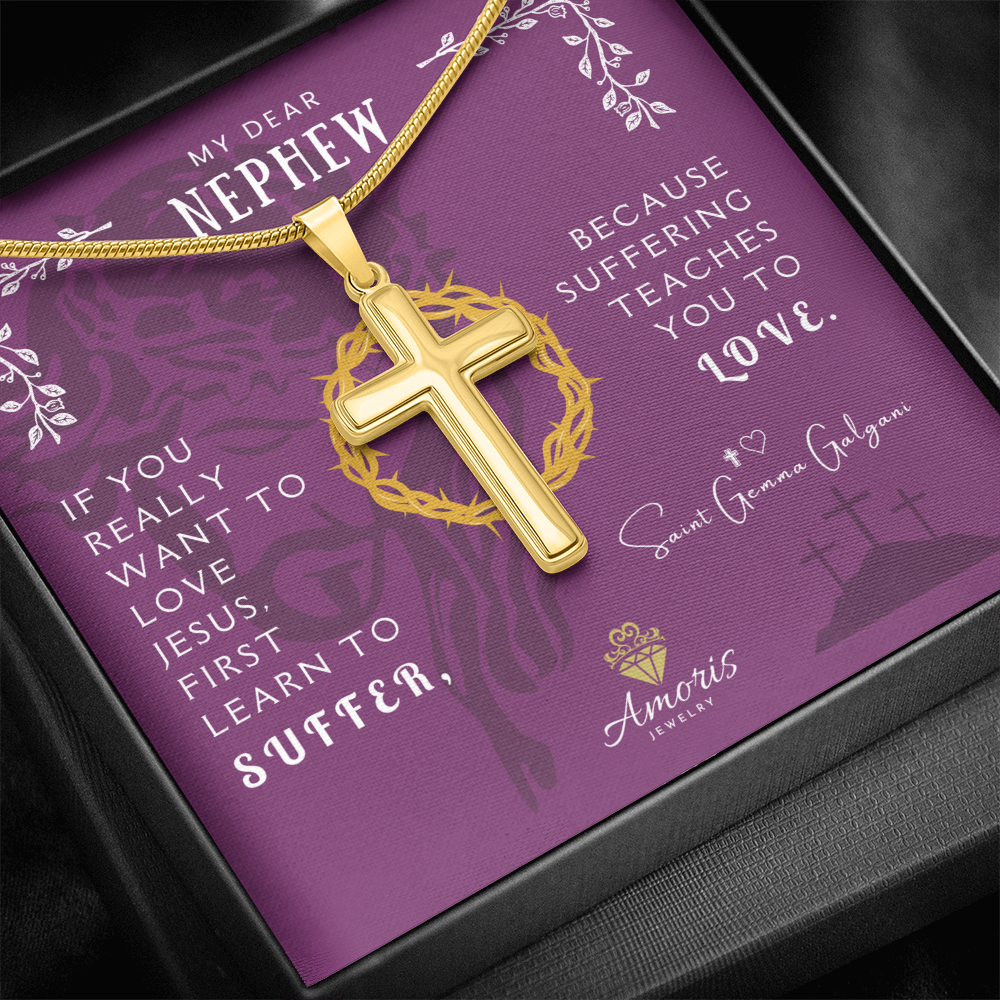 My Dear Nephew Personalized Cross Necklace with Saint Gemma Galgani Quote