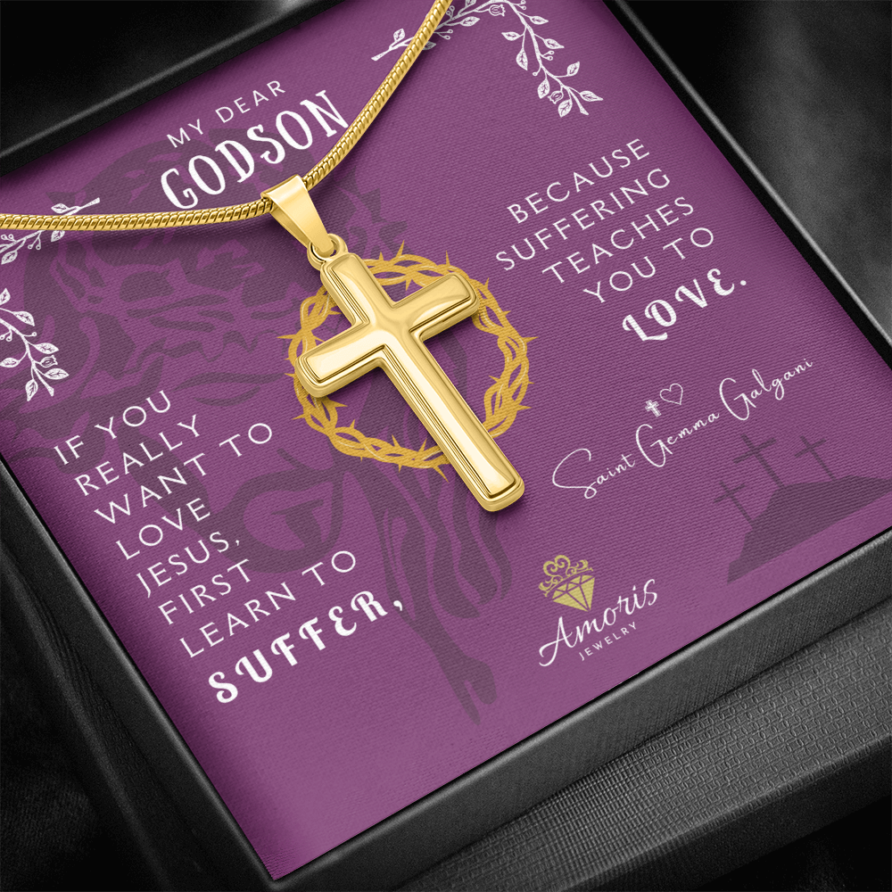 My Dear Godson Personalized Cross Necklace with Saint Gemma Galgani Quote