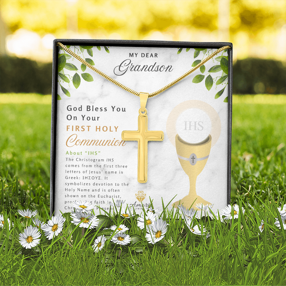 Grandson First Holy Communion Personalized Cross Necklace