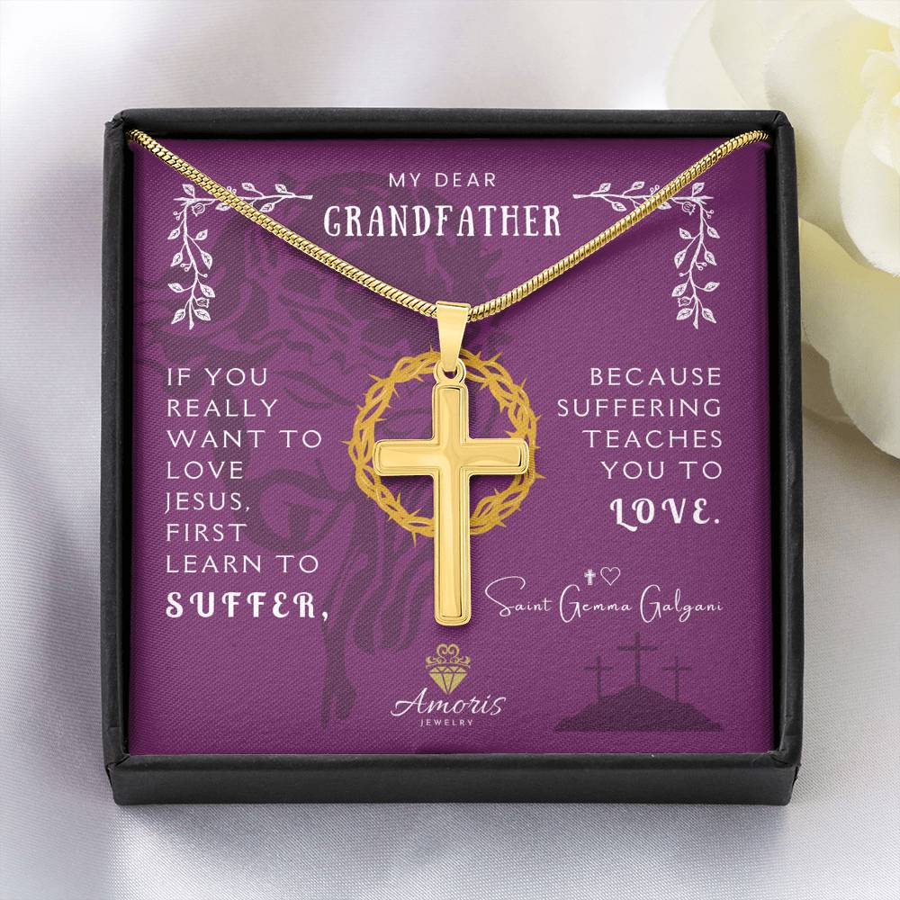 My Dear Grandfather Personalized Cross Necklace with Saint Gemma Galgani Quote