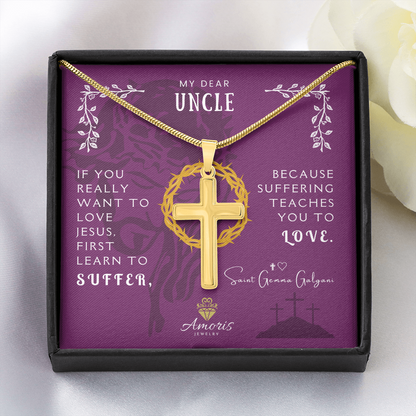 My Dear Uncle Personalized Cross Necklace with Saint Gemma Galgani Quote