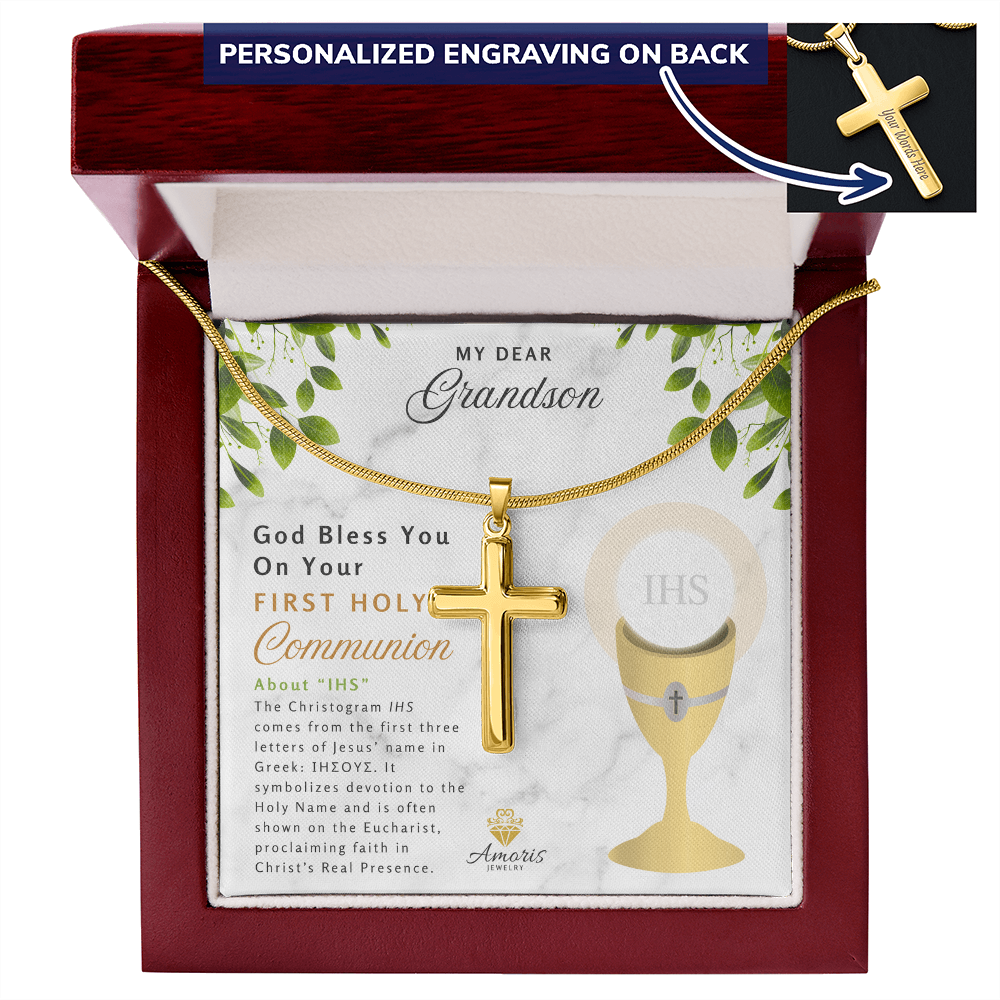 Grandson First Holy Communion Personalized Cross Necklace