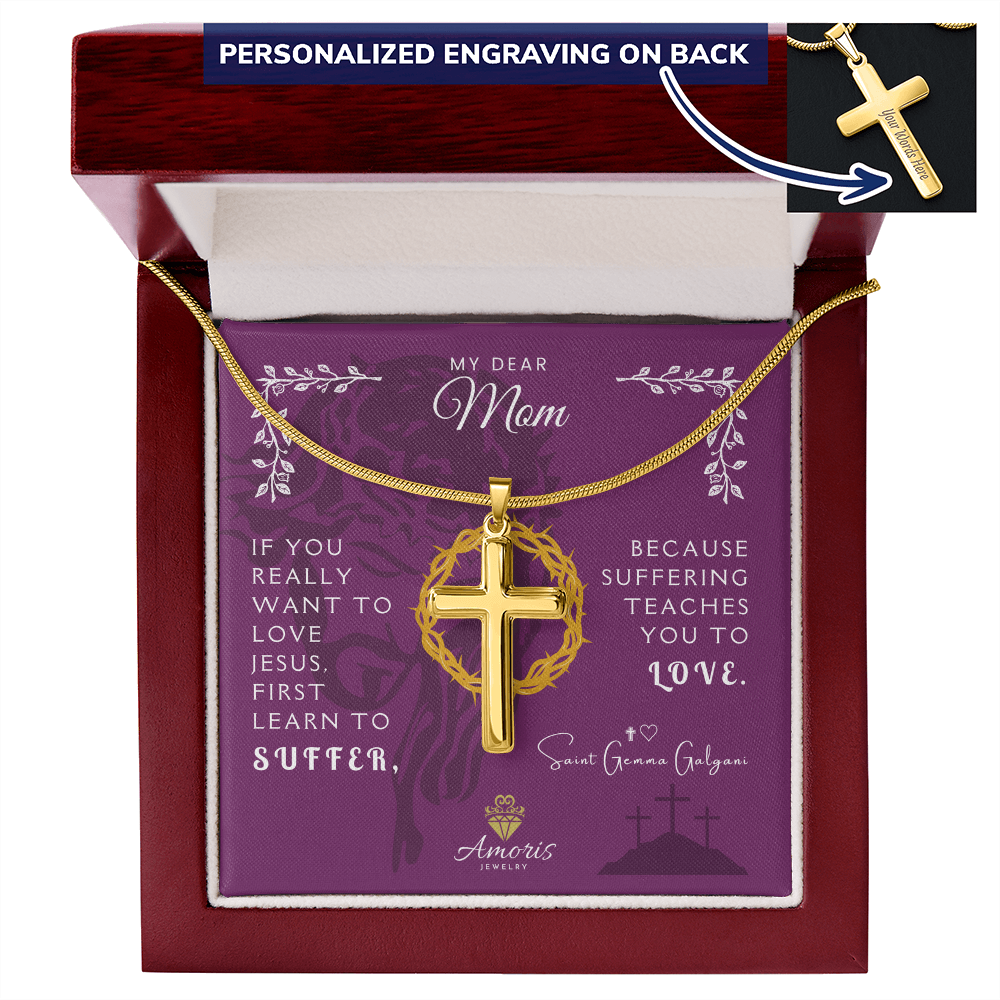 My Dear Mom Personalized Cross Necklace with Saint Gemma Galgani Quote