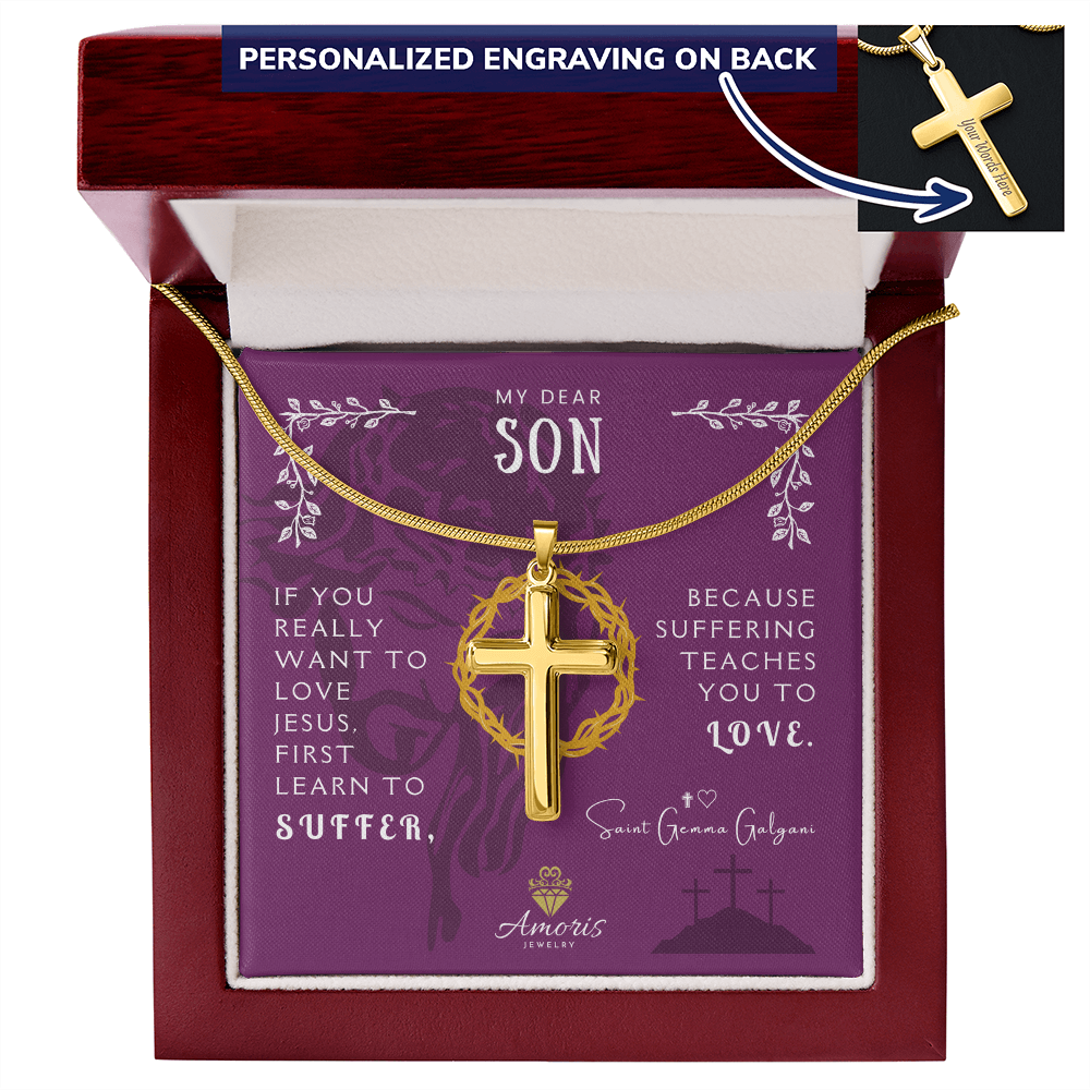 My Dear Son Personalized Cross Necklace with Saint Gemma Galgani Quote