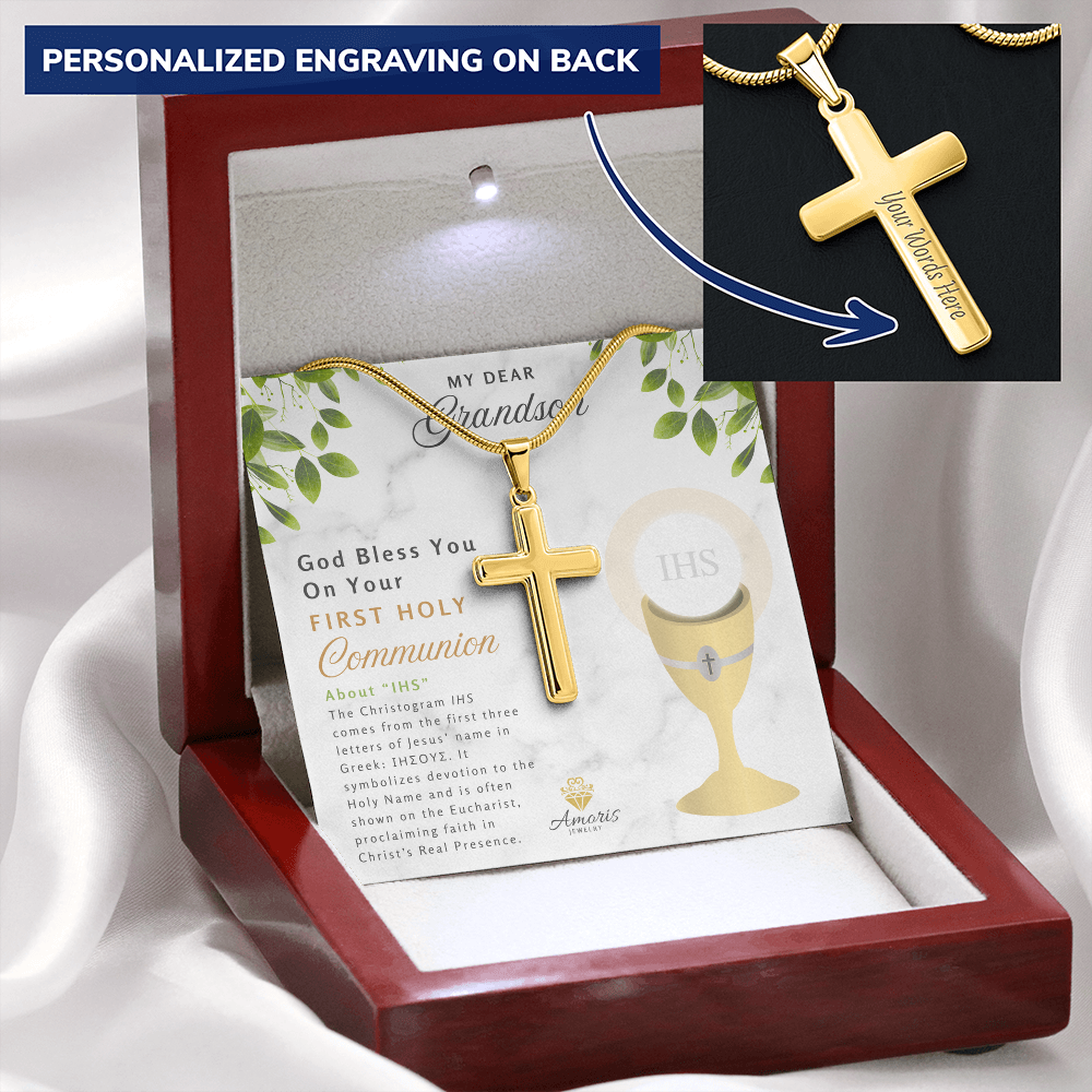 Grandson First Holy Communion Personalized Cross Necklace