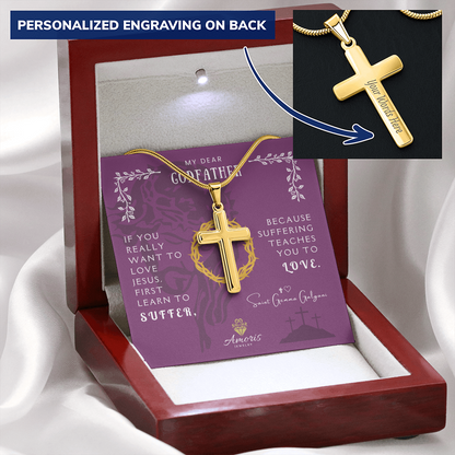 My Dear Godfather Personalized Cross Necklace with Saint Gemma Galgani Quote