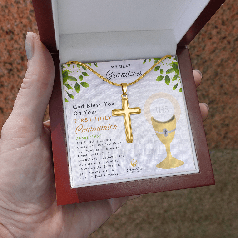 Grandson First Holy Communion Personalized Cross Necklace